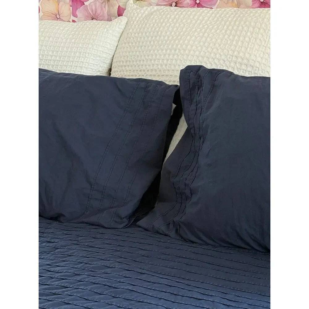 IKEA Alvine Stra Navy Blue Pleated Duvet Cover Set F/Q Cotton 3 Piece 94x80 READ